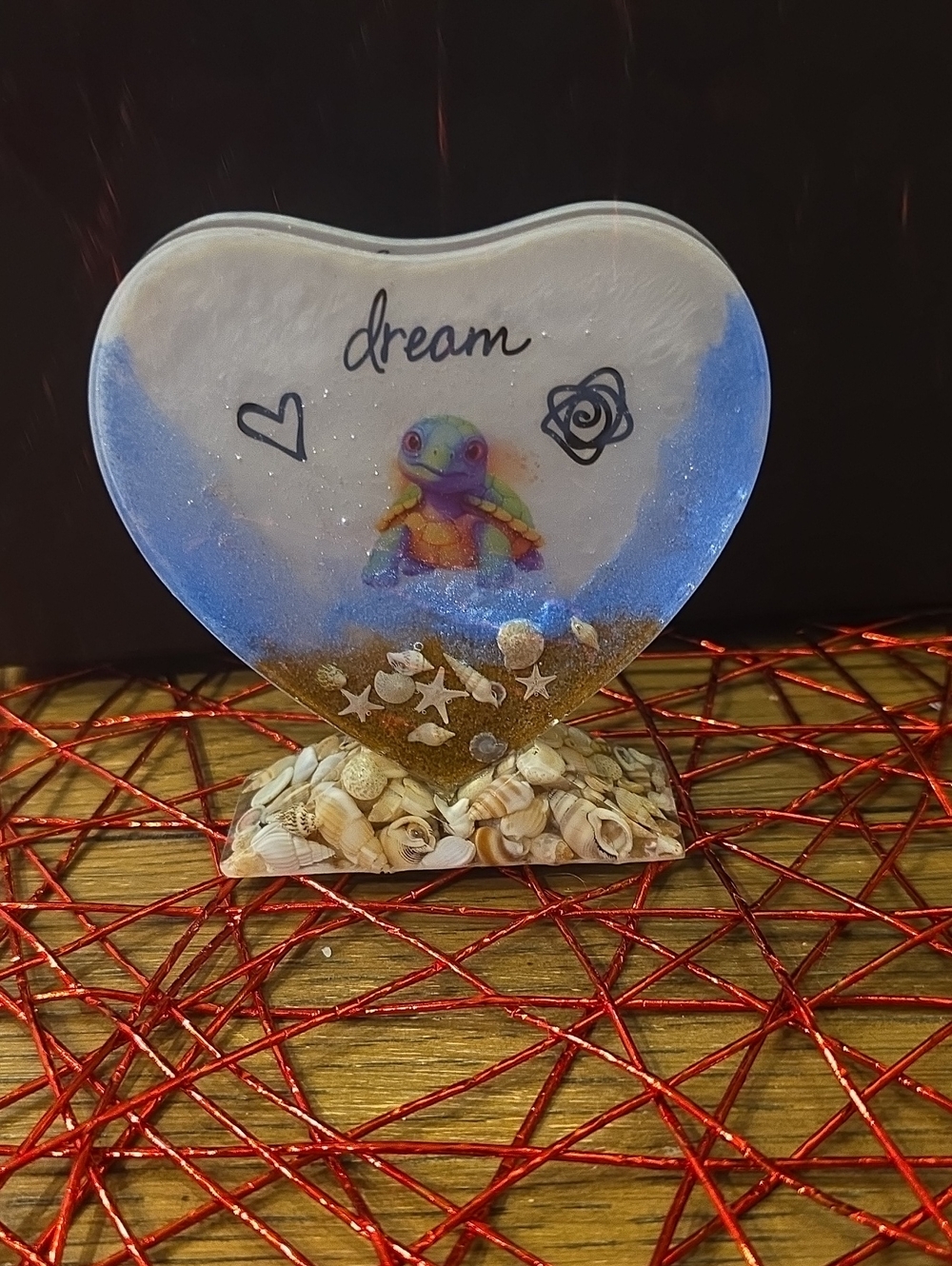 Heart-Shaped 'Dream' Beach Resin Art with Colorful Turtle